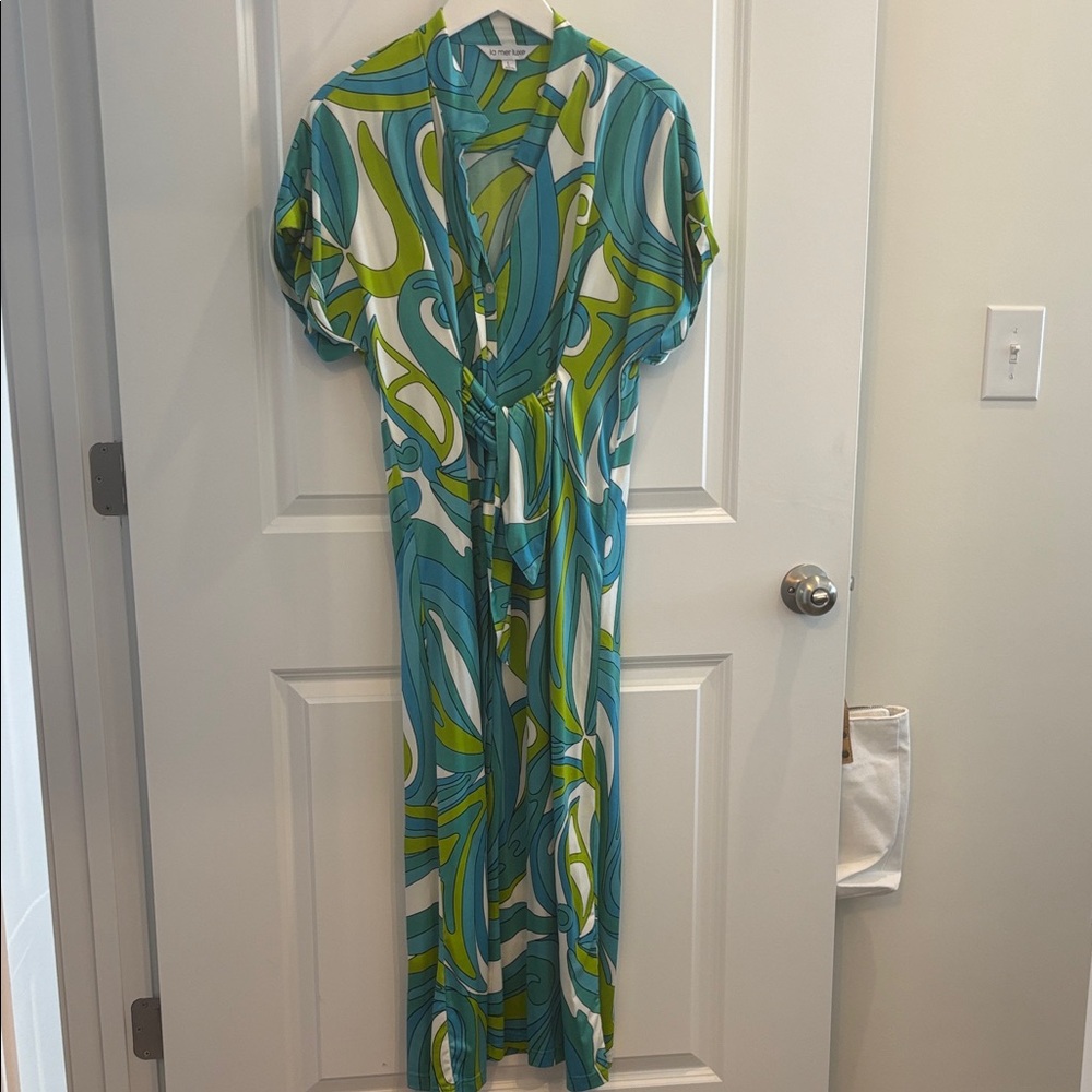 La Mer Luxe Dress / Size L/ NWOT Vibrant Swirl Maxi Dress in Green and Blue